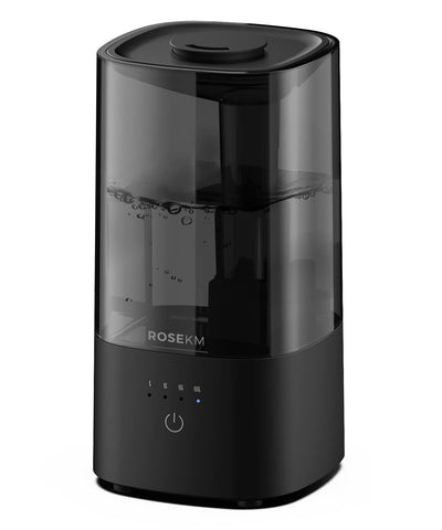 Rosekm humidifier on a nightstand, bedroom front view showing compact design