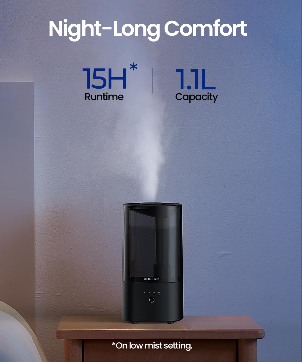 Rosekm compact design humidifier suitable for desks and nightstands.