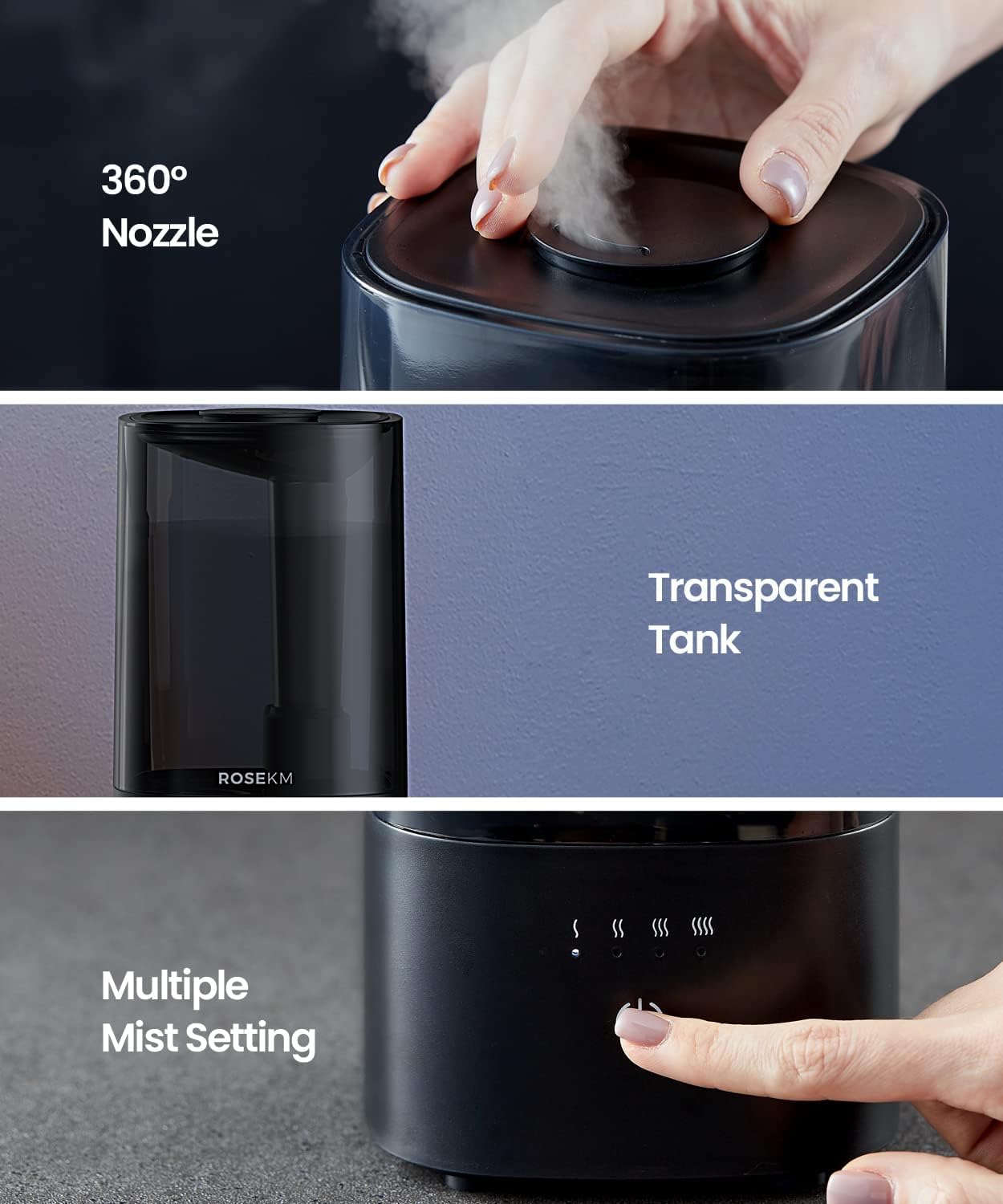 Rosekm humidifier operates quietly, ideal for bedrooms and nurseries.