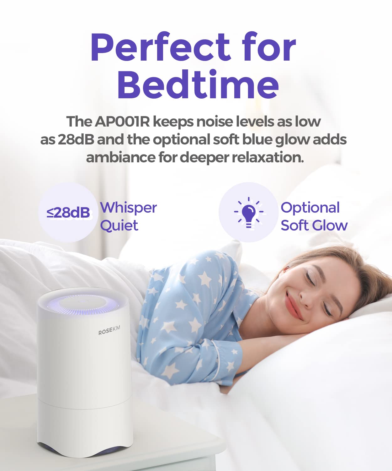 Rosekm purifier operating whisper-quiet with blue night light