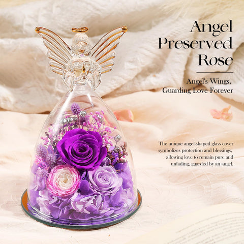 Close-up of RoseValley preserved blooms with glass angel, highlighting artisan detail.