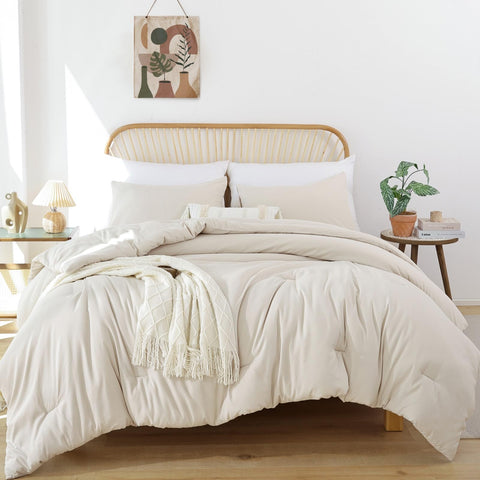 ROSGONIA beige comforter queen setup on bed in a modern room