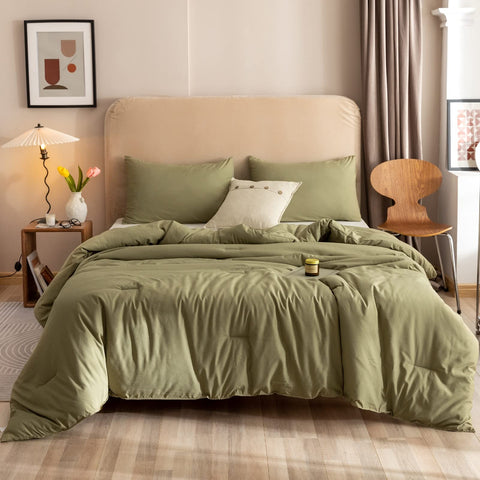 ROSGONIA boho olive green bedset showcases calming room decor