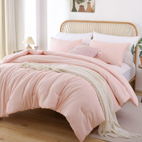ROSGONIA dorm boho setup with blush comforter on twin bed.