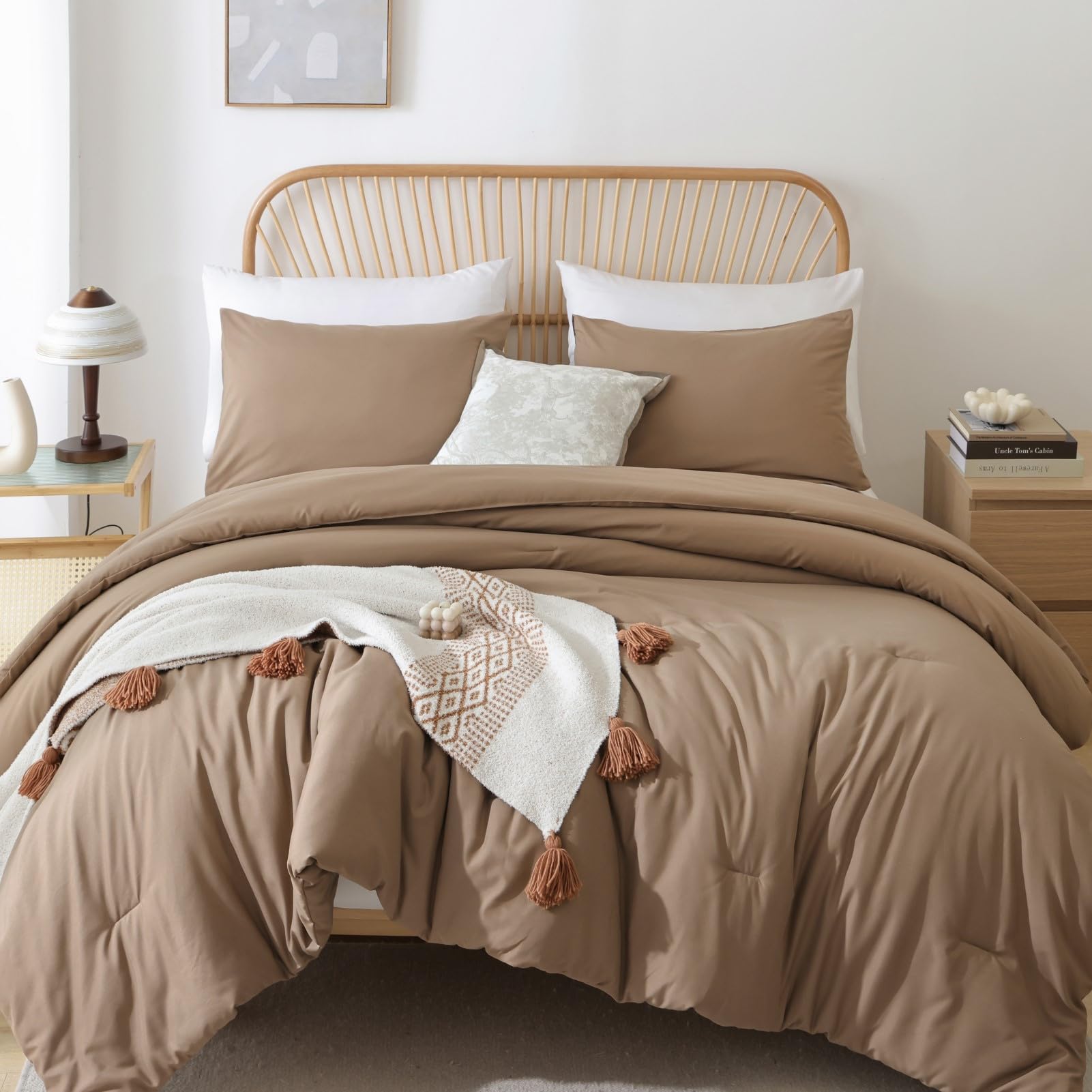 ROSGONIA oversized king comforter on bed in dark khaki for Boho styling