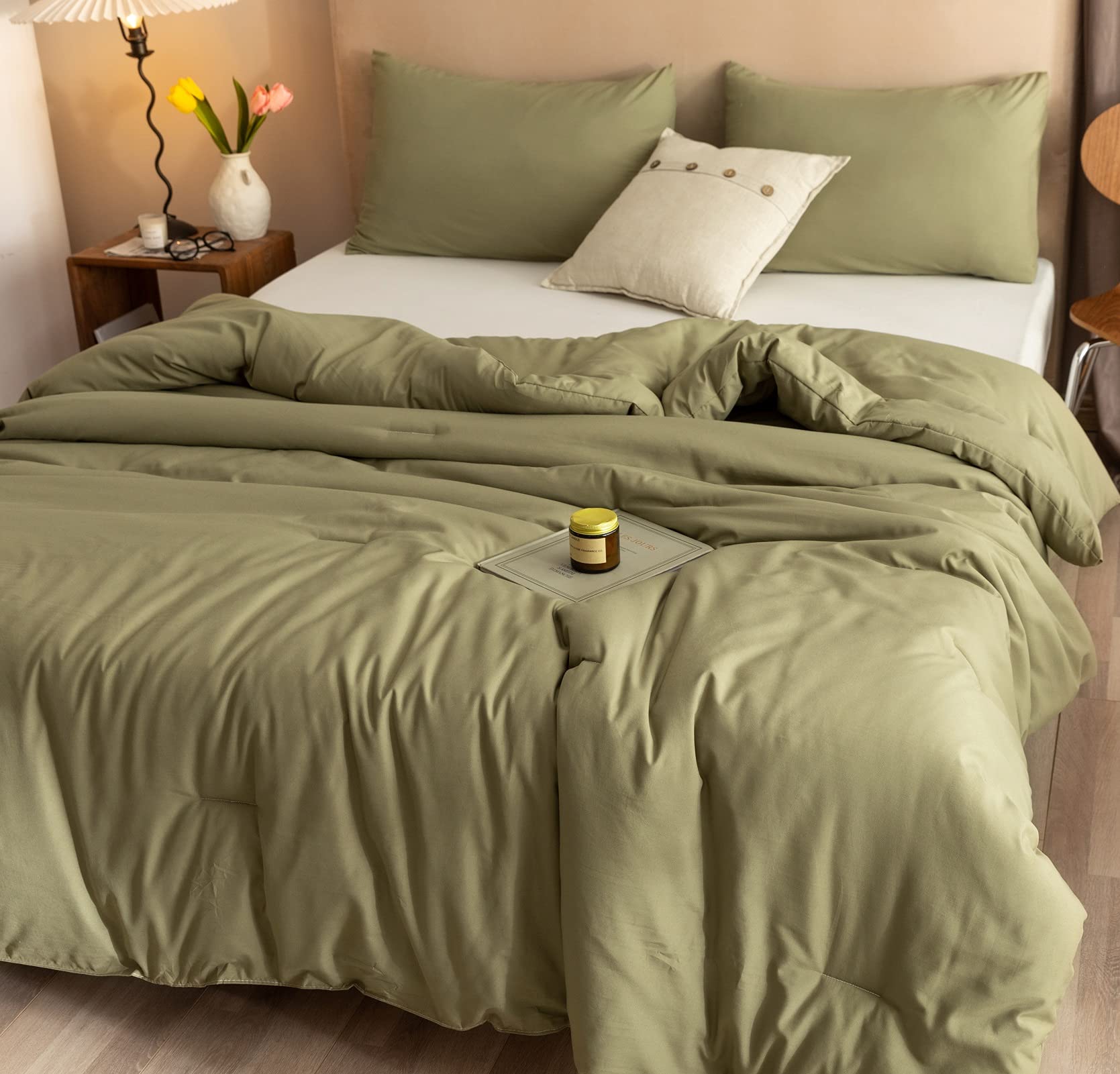 ROSGONIA olive-green pillowcase set prepared for a bed refresh