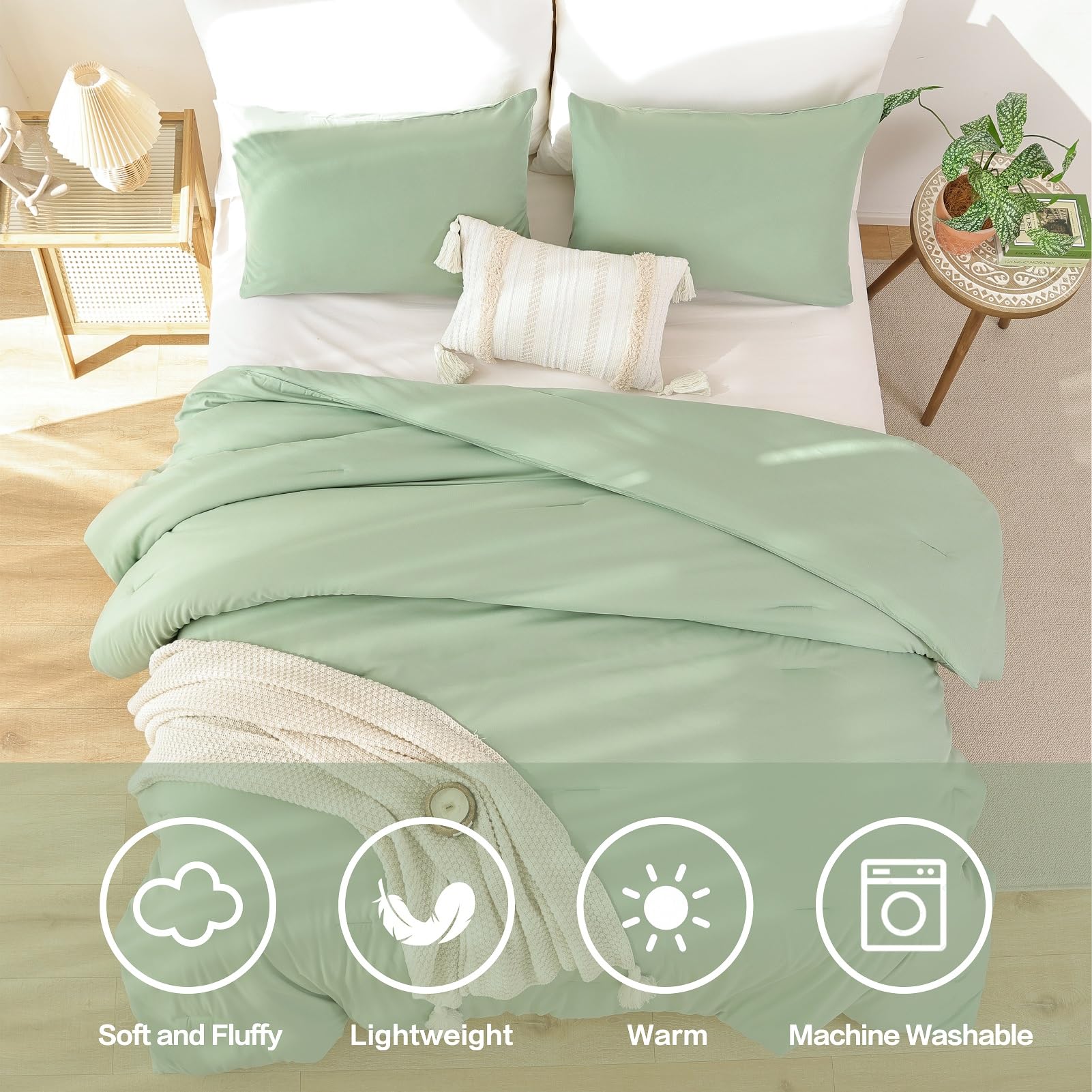 ROSGONIA Queen bed with boho bedding creates a stylish, coordinated bedroom