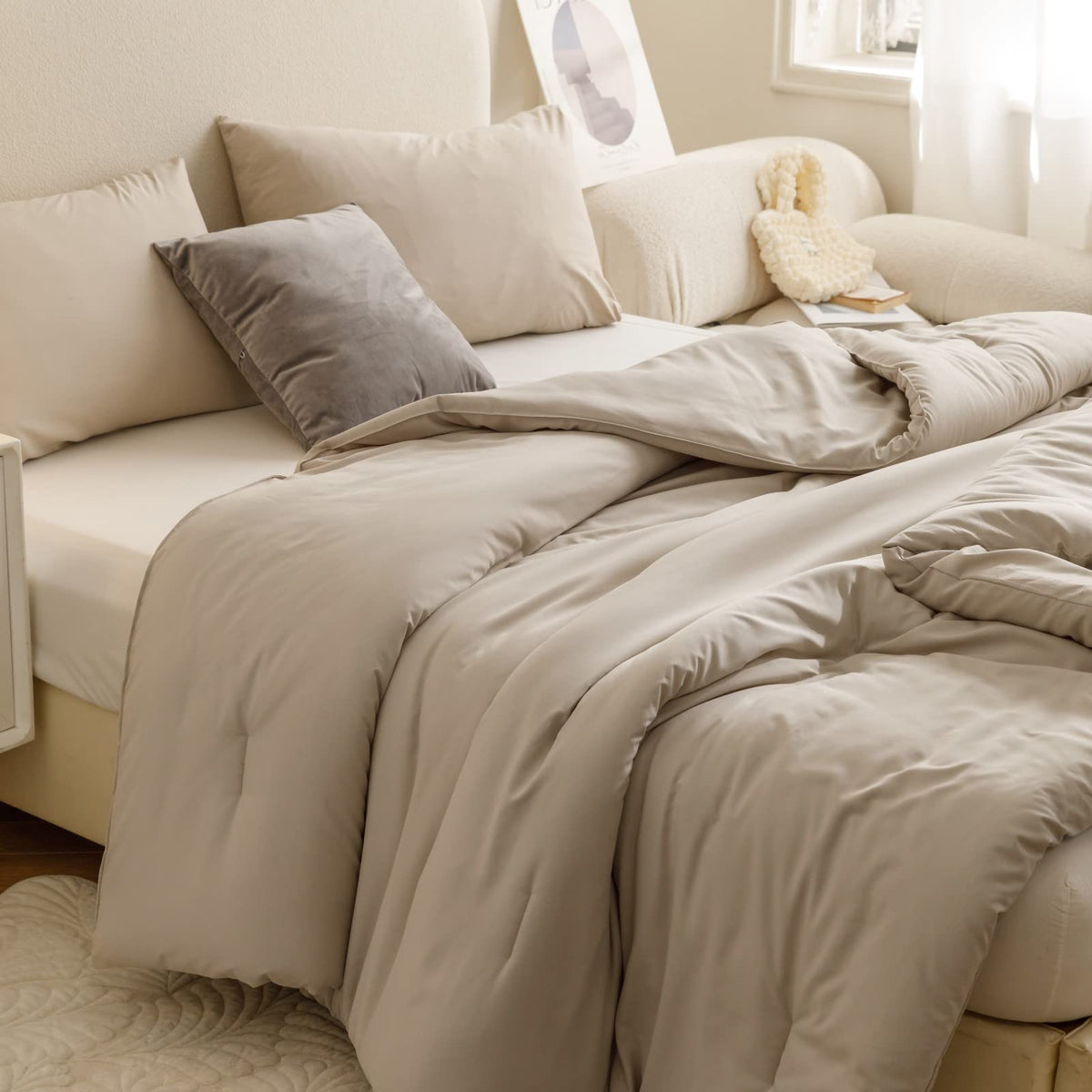 ROSGONIA Queen Comforter Set in oatmeal on a bed for a chic, cozy setup
