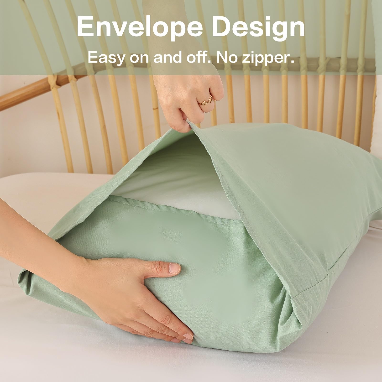 ROSGONIA Sage green comforter closeup fabric highlights soft polyester texture