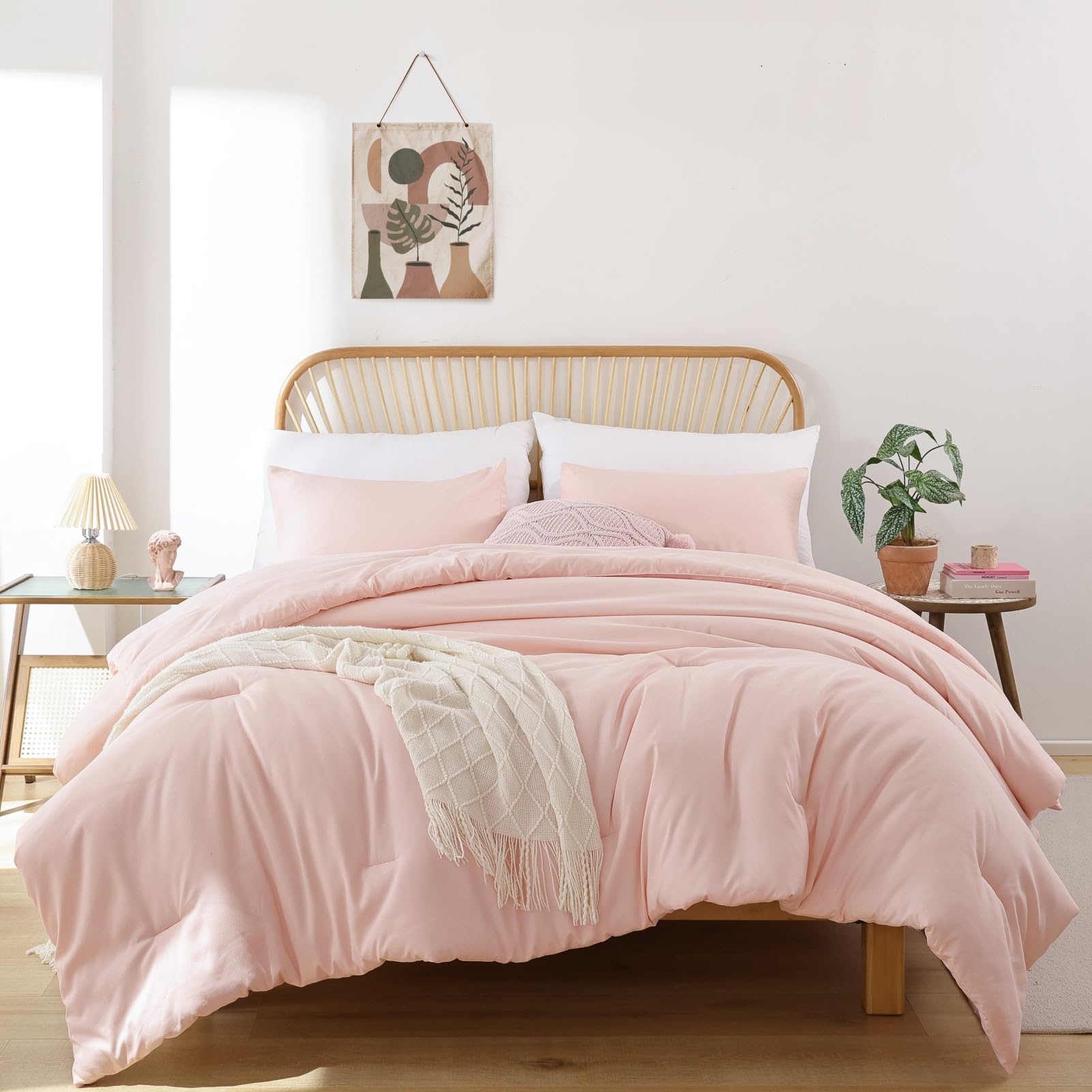 ROSGONIA twin comforter blush closeup showing soft fabric for cozy nights.