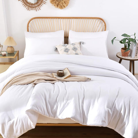 ROSGONIA white queen comforter flat lay shows soft fabric and easy-care design.