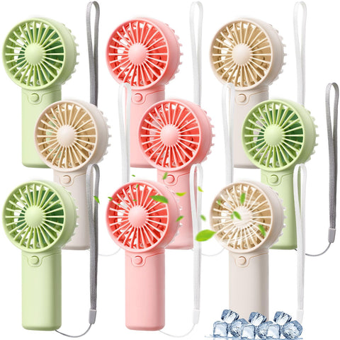 Rossesay 12-pack handheld fans in green, pink, white for versatile cooling.