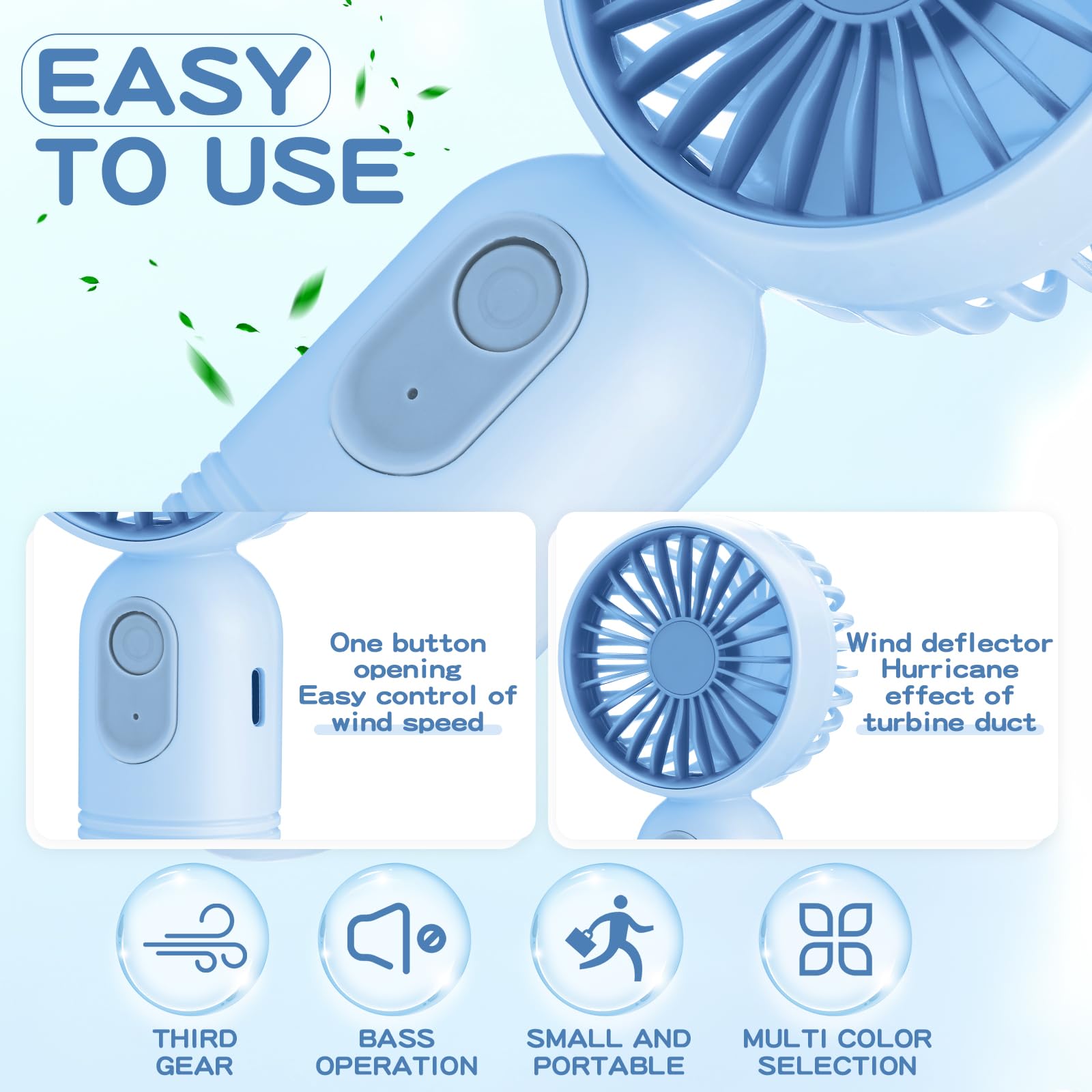 Rossesay mini portable fan Blue back view, ideal for indoor and outdoor use.