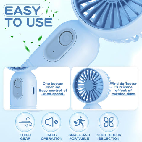 Rossesay mini portable fan Blue back view, ideal for indoor and outdoor use.