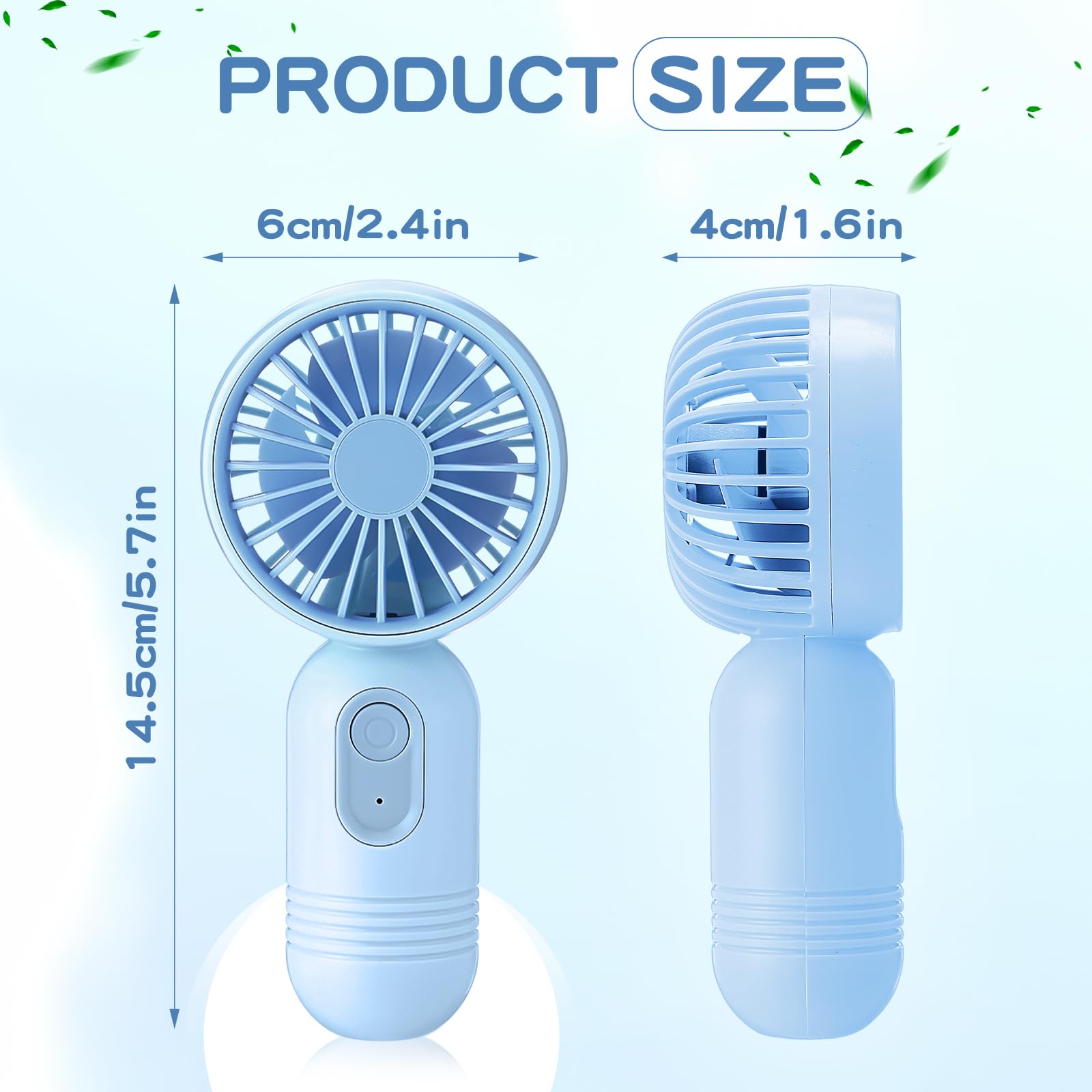 Rossesay mini portable fan Blue side view, handheld cooling on the go.