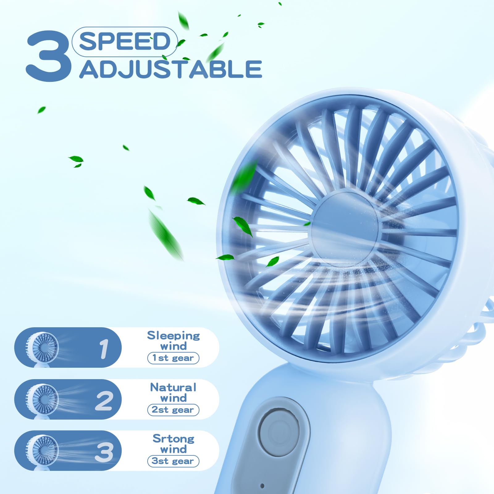 Rossesay mini portable fan Blue top view, three-speed performance at a glance.