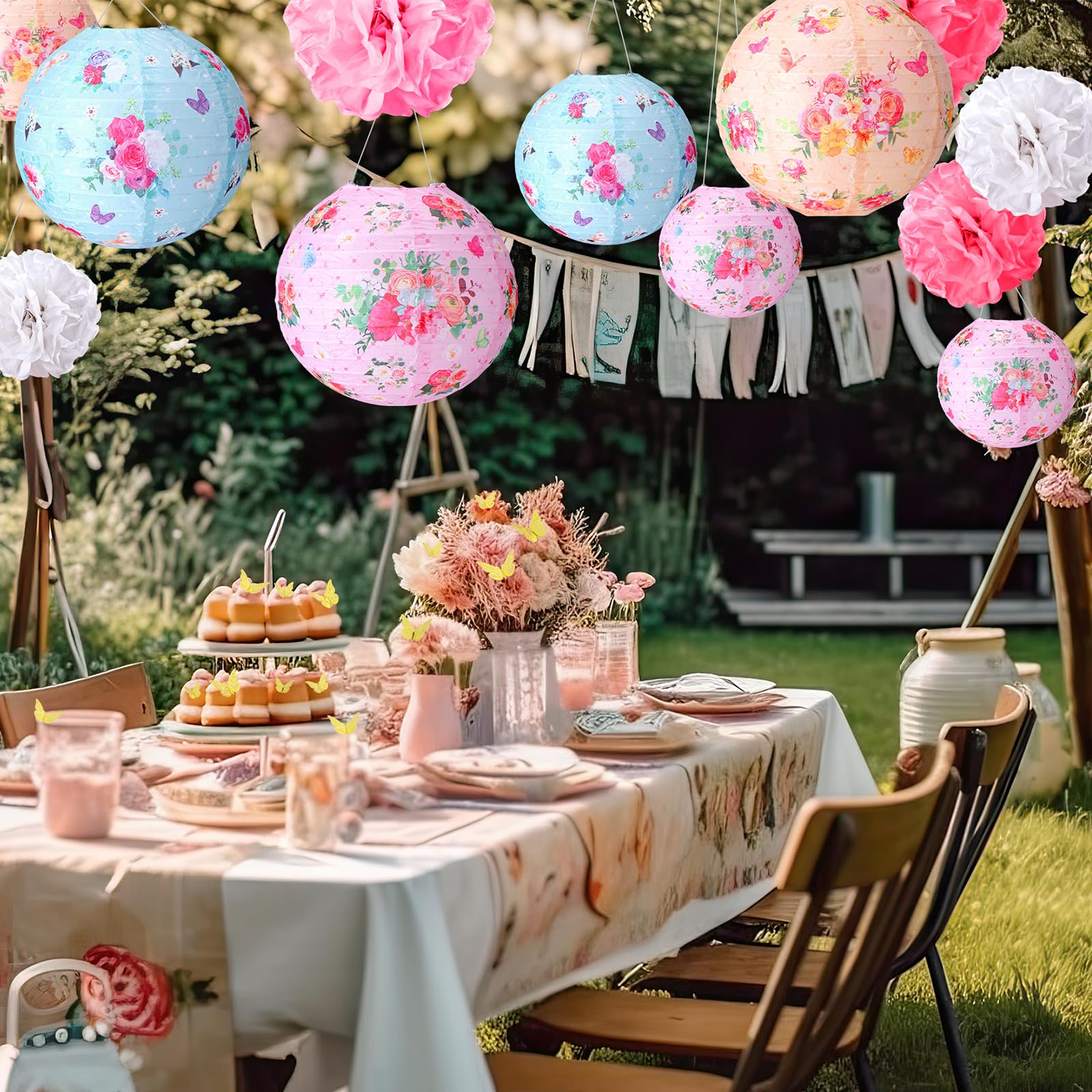 Rossesay tea party pink pom pom 10inch enhances festive decor for gatherings