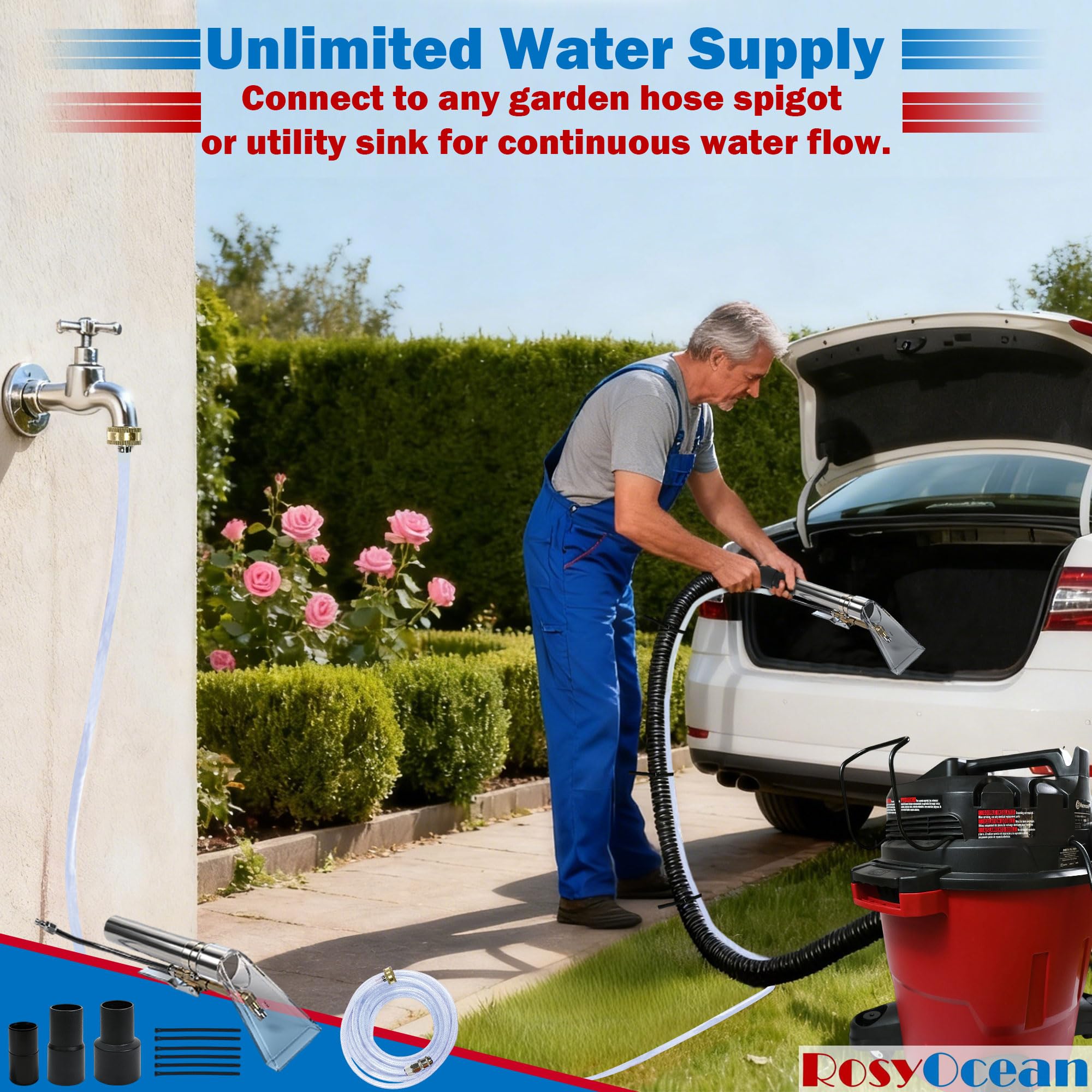 RosyOcean water hookup enables continuous cleaning with garden hoses for heavy-duty jobs