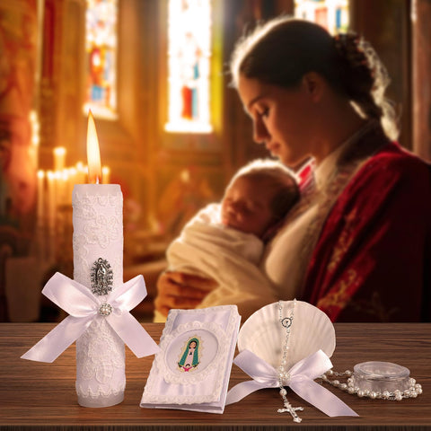 Rotel Baptism Candle Set gift-box focus, white box keeps items organized for the day