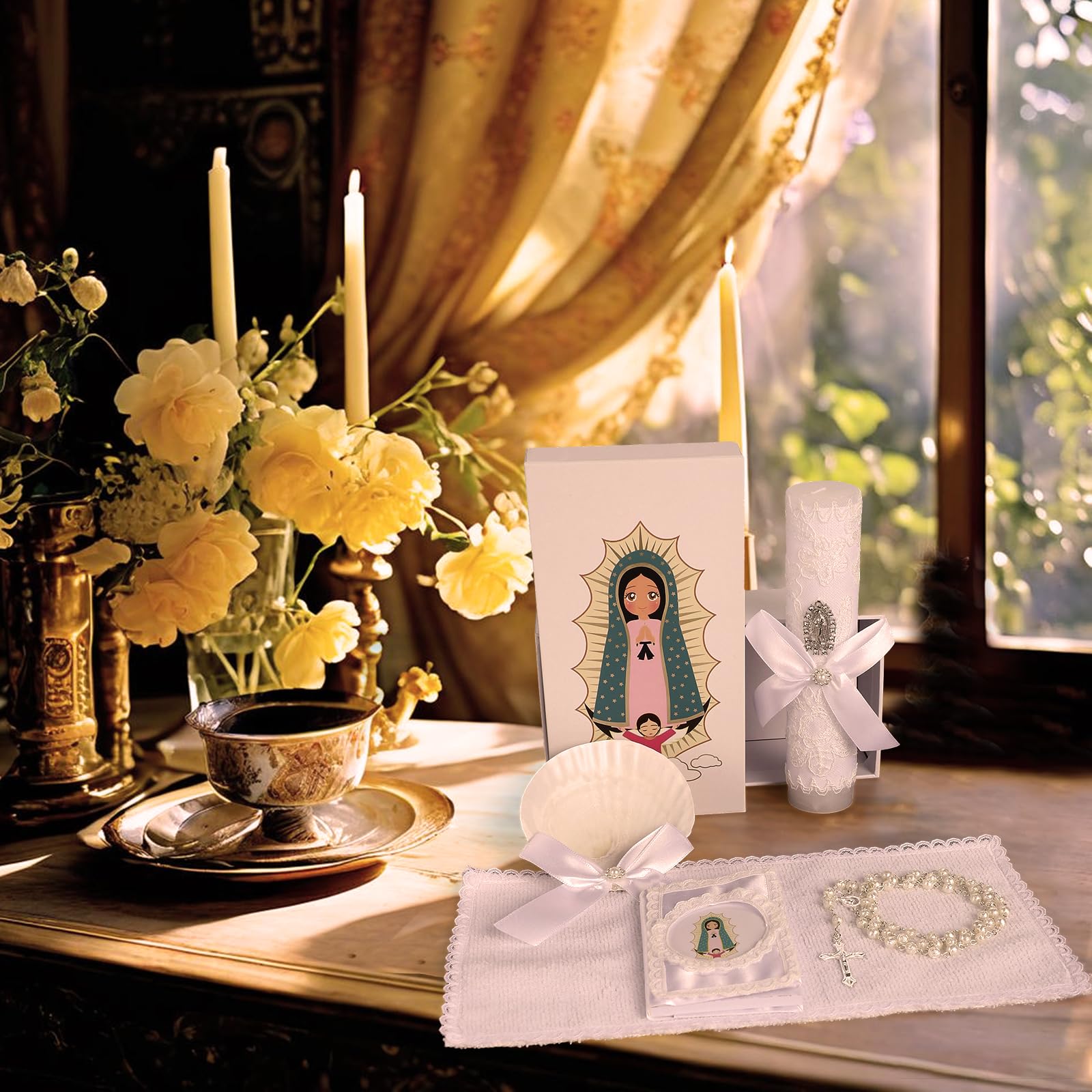 Rotel Baptism Candle Set shell focus, decorative shell adds charming detail