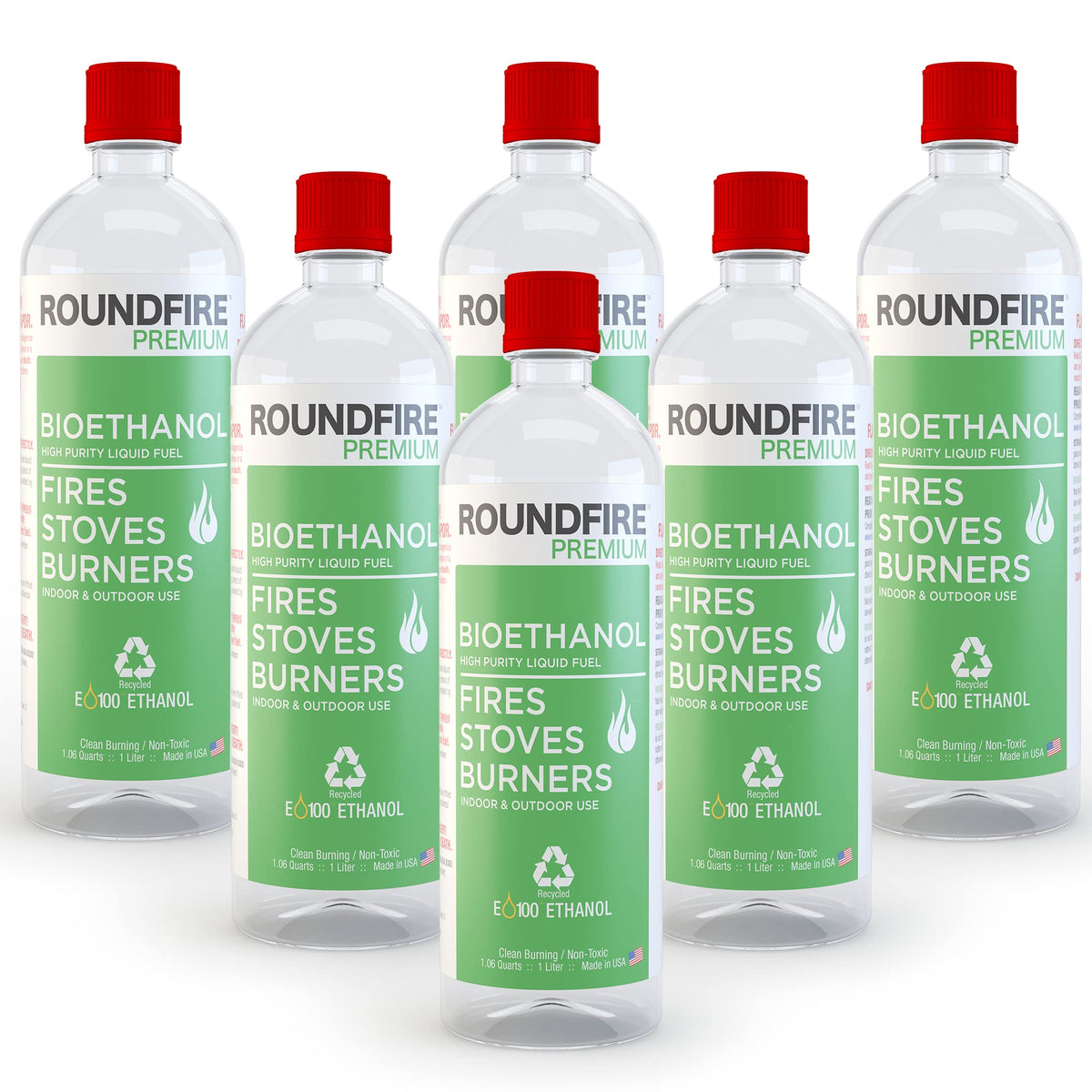 Roundfire Premium 6x1L bottle showing clean burn potential for fireplaces.