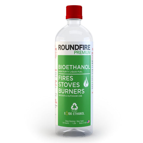 Roundfire Premium 6x1L bottle pour illustrating easy refill for uninterrupted ambiance.