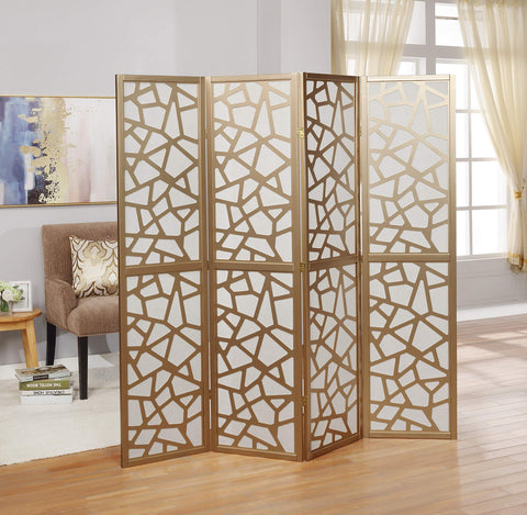 Roundhill Furniture Giyano 4 Panel Screen folded for easy storage and mobility.