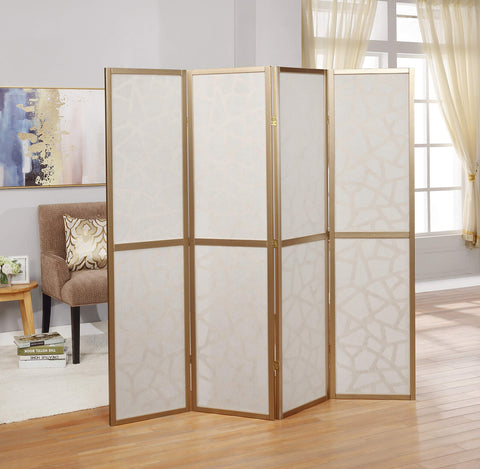 Roundhill Furniture Giyano 4 Panel Screen mosaic cut MDF detail adds decorative texture and privacy.