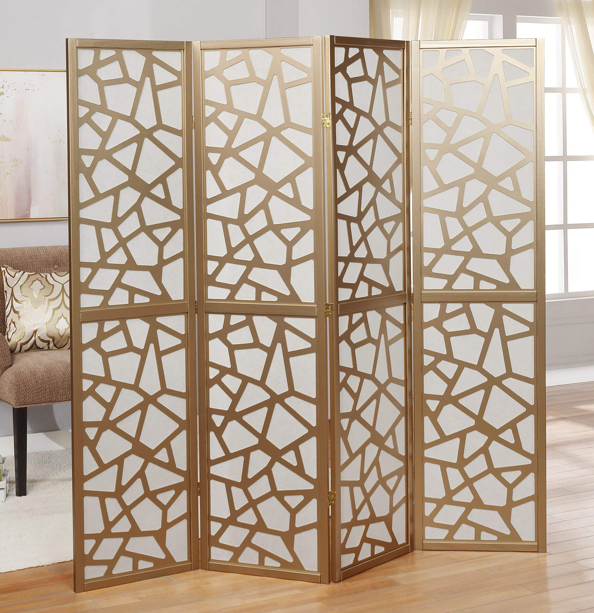 Roundhill Furniture Giyano 4 Panel Screen white screen with gold frame for space separation.