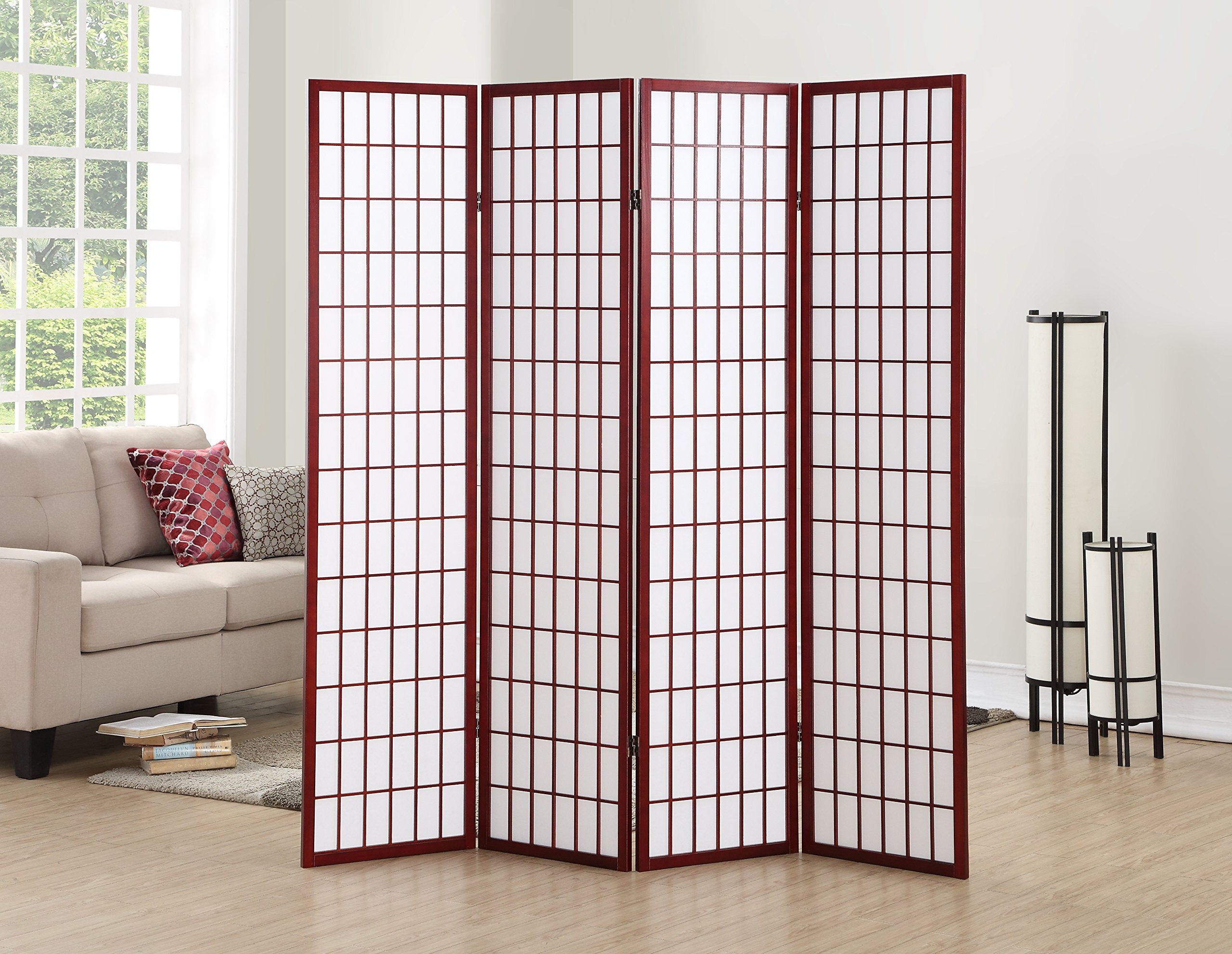Roundhill Furniture Oriental Shoji 4 Panel Screen Cherry frame diffuses light for privacy.