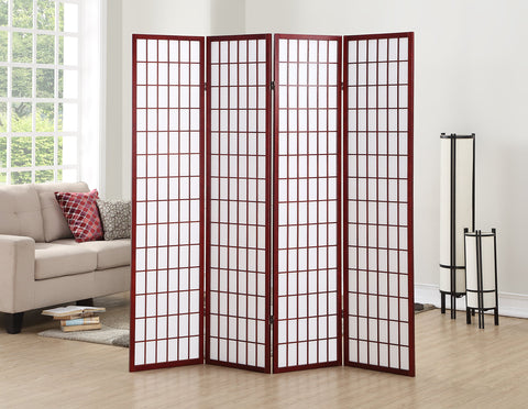 Roundhill Furniture Oriental Shoji 4 Panel Screen Cherry frame diffuses light for privacy.