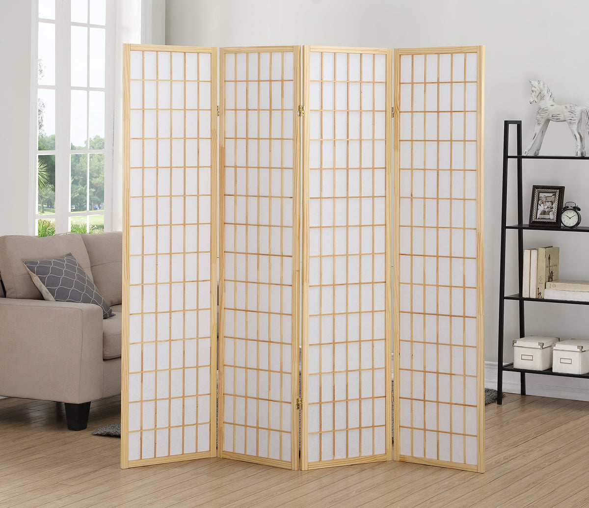 Roundhill Furniture Oriental Shoji 4-panel screen shows natural wood frame with rice paper panels for soft light.