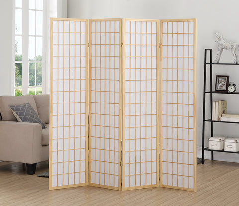 Roundhill Furniture Oriental Shoji 4-panel screen shows natural wood frame with rice paper panels for soft light.