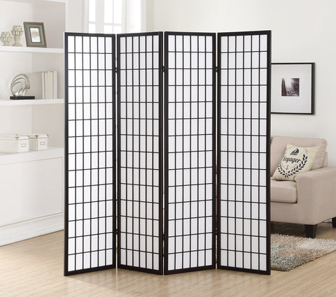 Roundhill Furniture Oriental Shoji 4-Panel Screen with black wood frame creates stylish privacy.