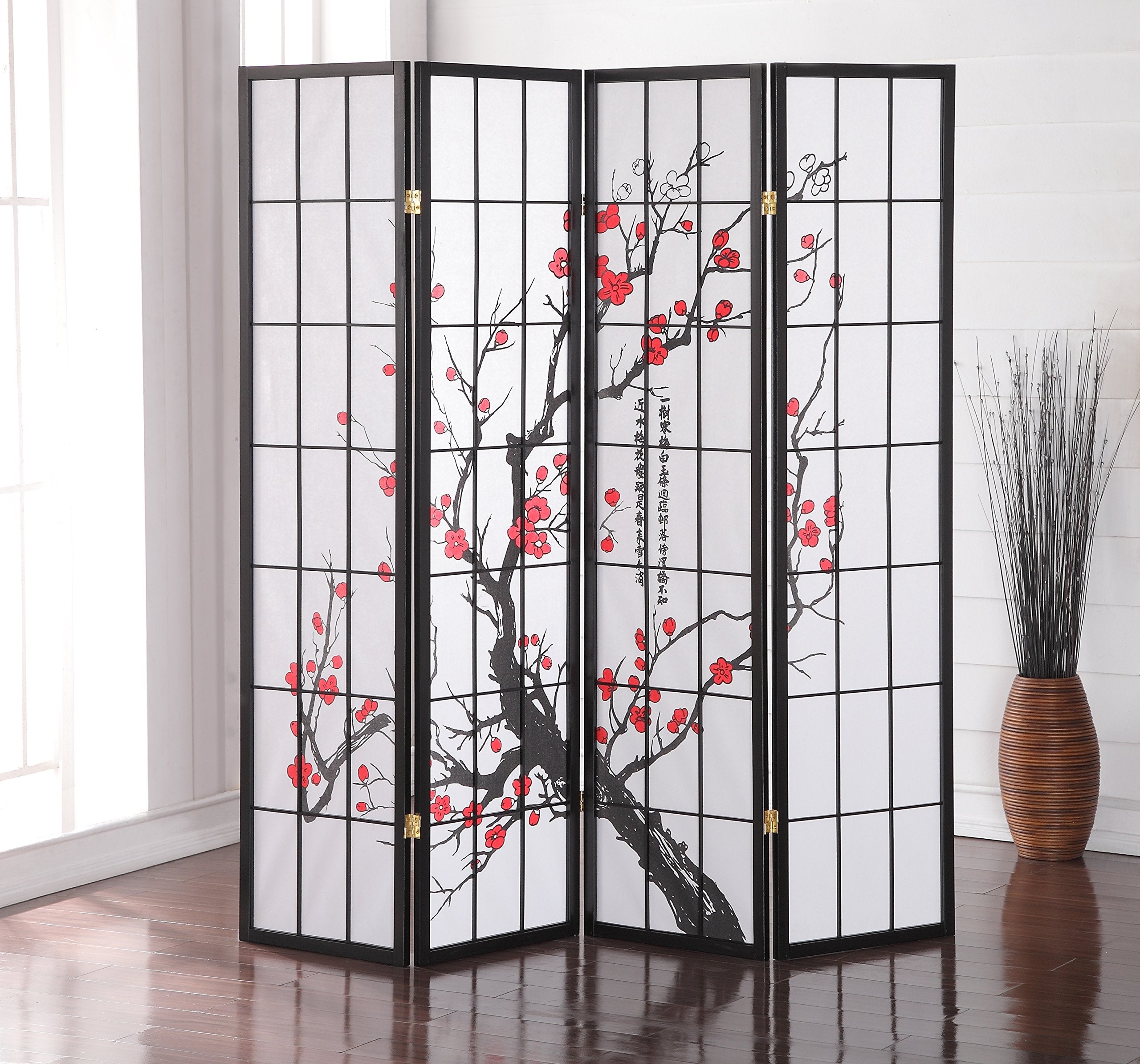 Roundhill Plum Blossom divider with black wood frame, front view for privacy.
