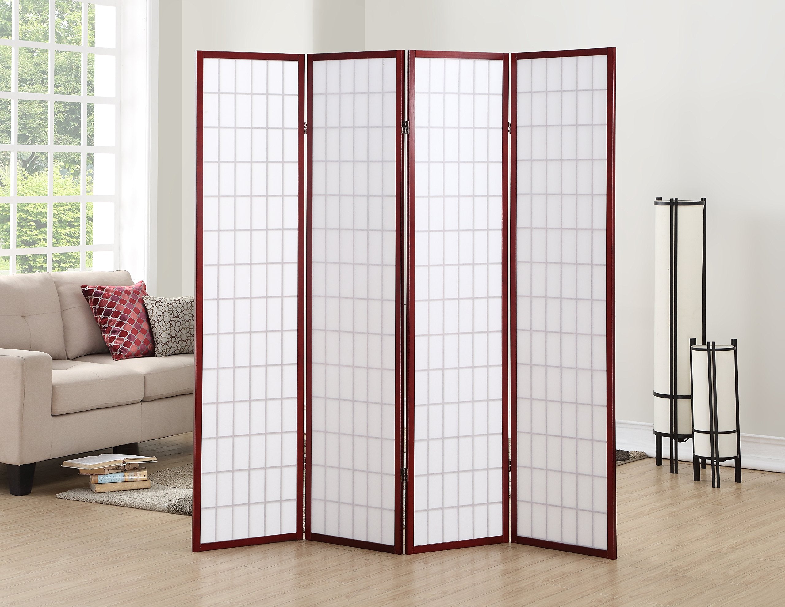 Roundhill Furniture rice paper panel room divider cherry finish creates an airy backdrop.