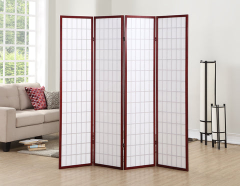 Roundhill Furniture rice paper panel room divider cherry finish creates an airy backdrop.