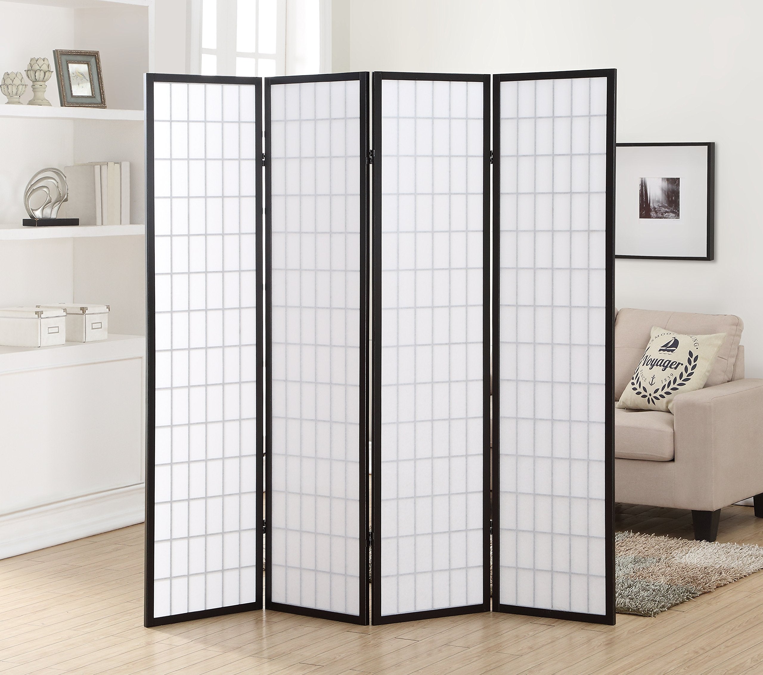 Roundhill Furniture Shoji screen shows wood grid detail provides decorative texture for interiors.