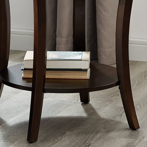 Roundhill Furniture Perth oval end table measures 23.3 inches wide, 23.3 inches deep, 23.5 inches high.