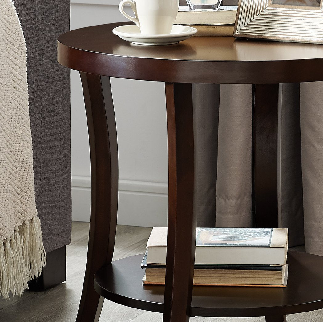 Roundhill Furniture Perth end table in espresso finish highlights smooth birch veneer top.