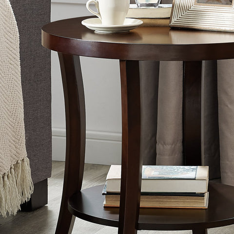 Roundhill Furniture Perth end table in espresso finish highlights smooth birch veneer top.