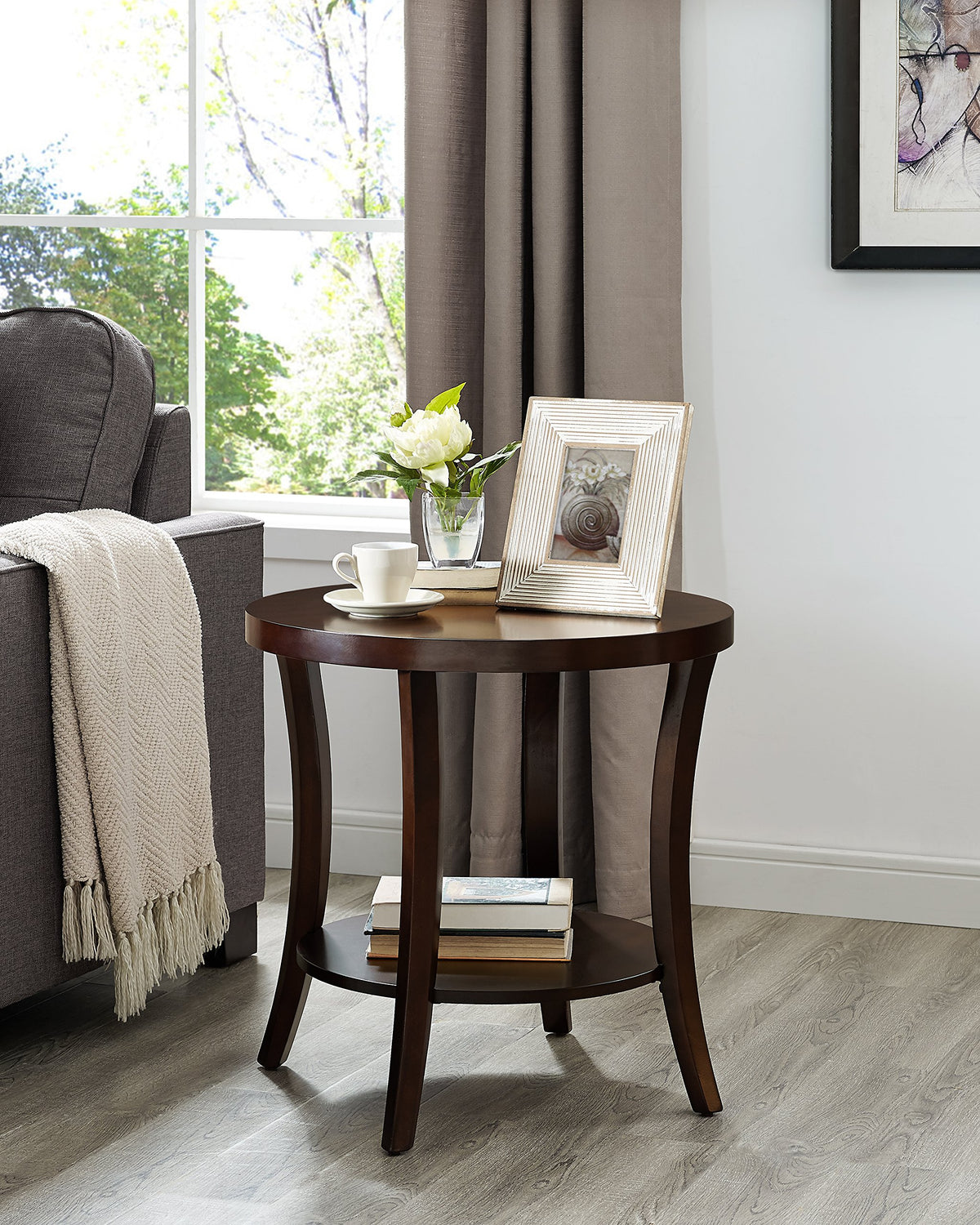 Roundhill Furniture Perth oval end table top with espresso finish and ample display space.