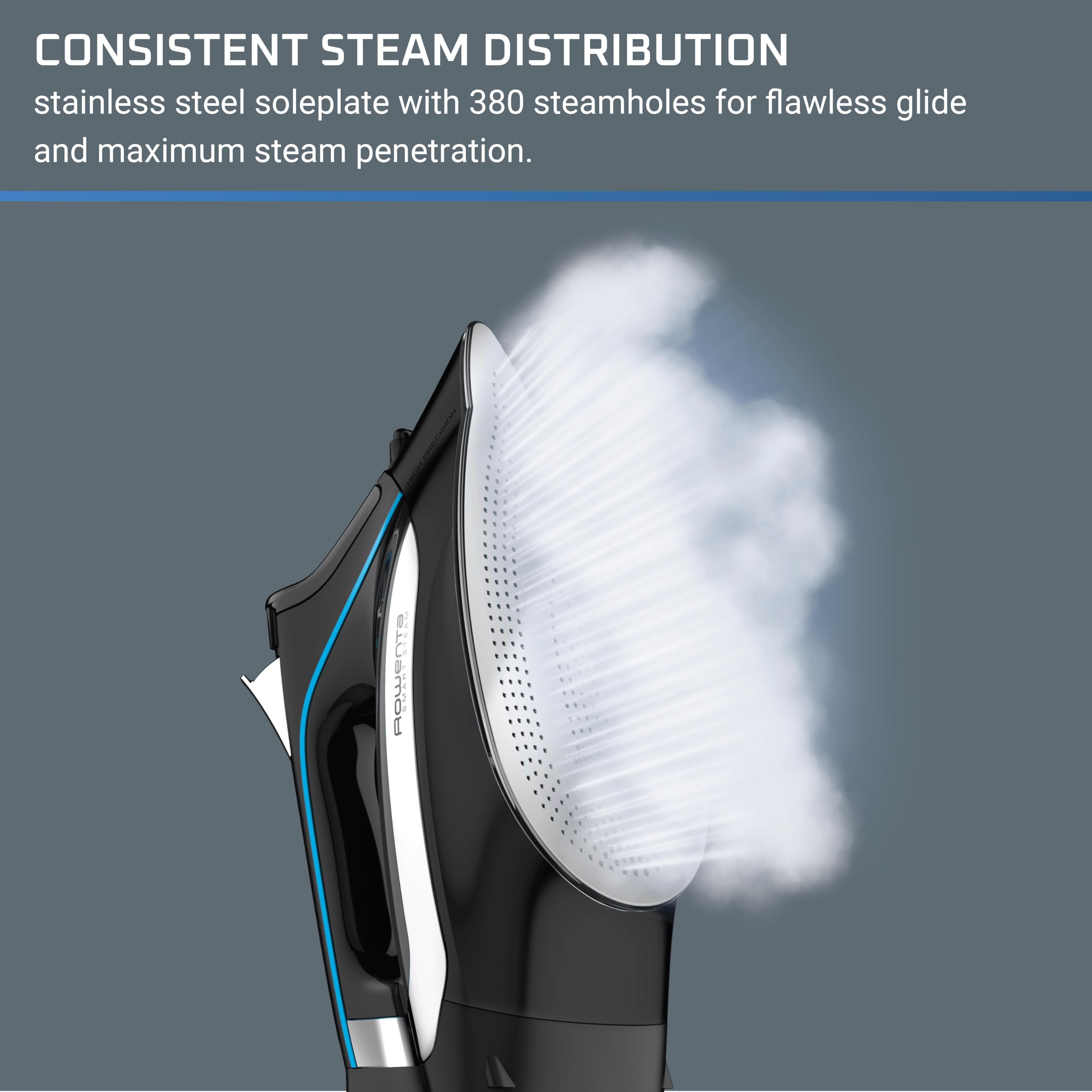 Rowenta iron soleplate with 380+ steam holes for even steam penetration.