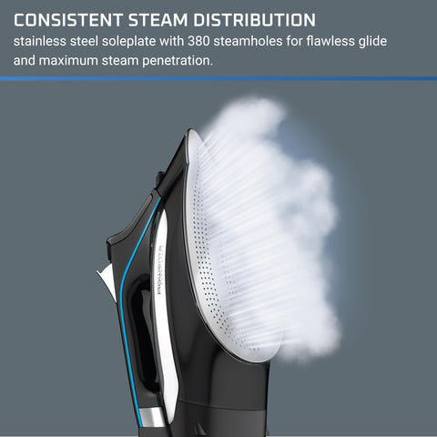Rowenta iron soleplate with 380+ steam holes for even steam penetration.