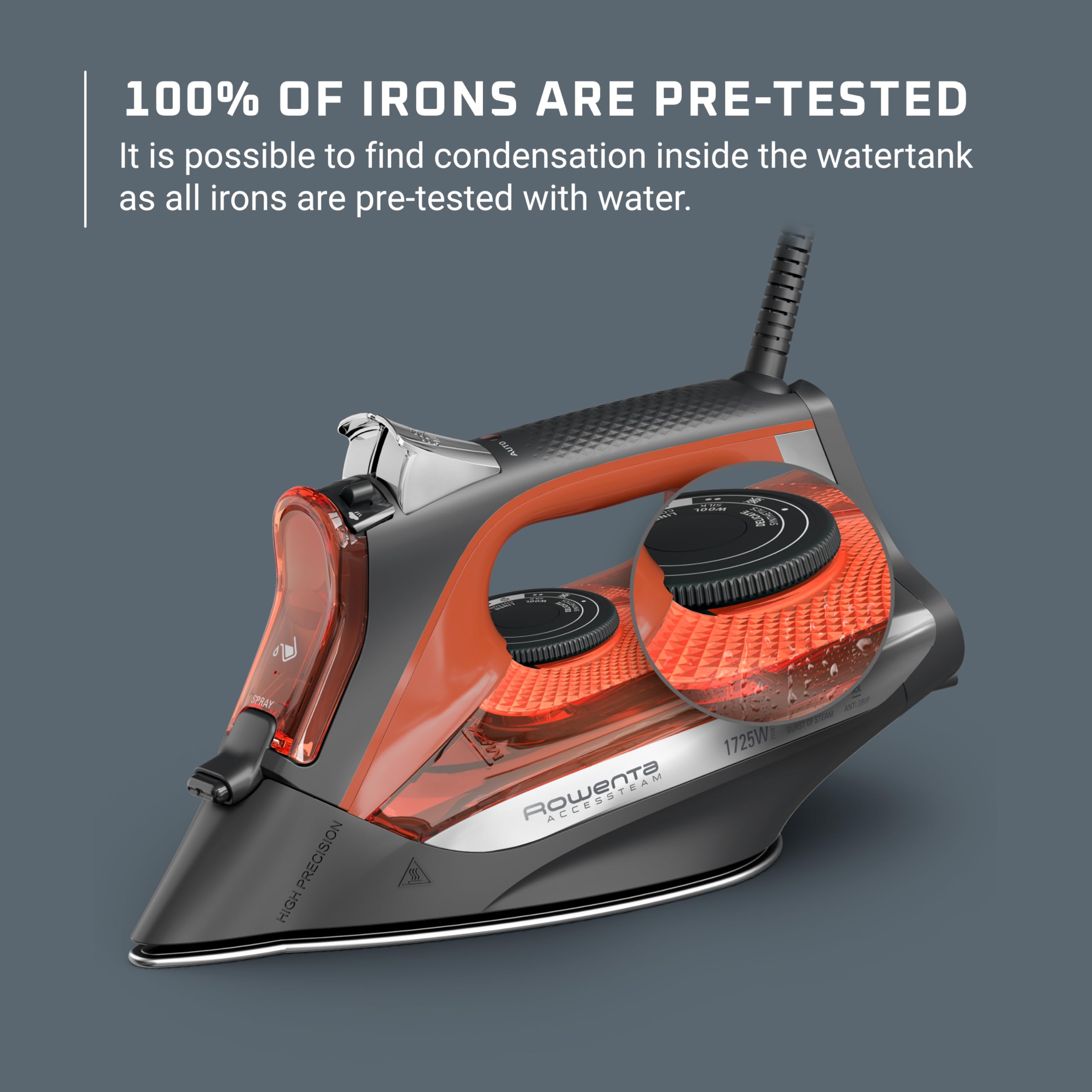 Rowenta Access Steam Iron supports vertical steaming for quick touch-ups.