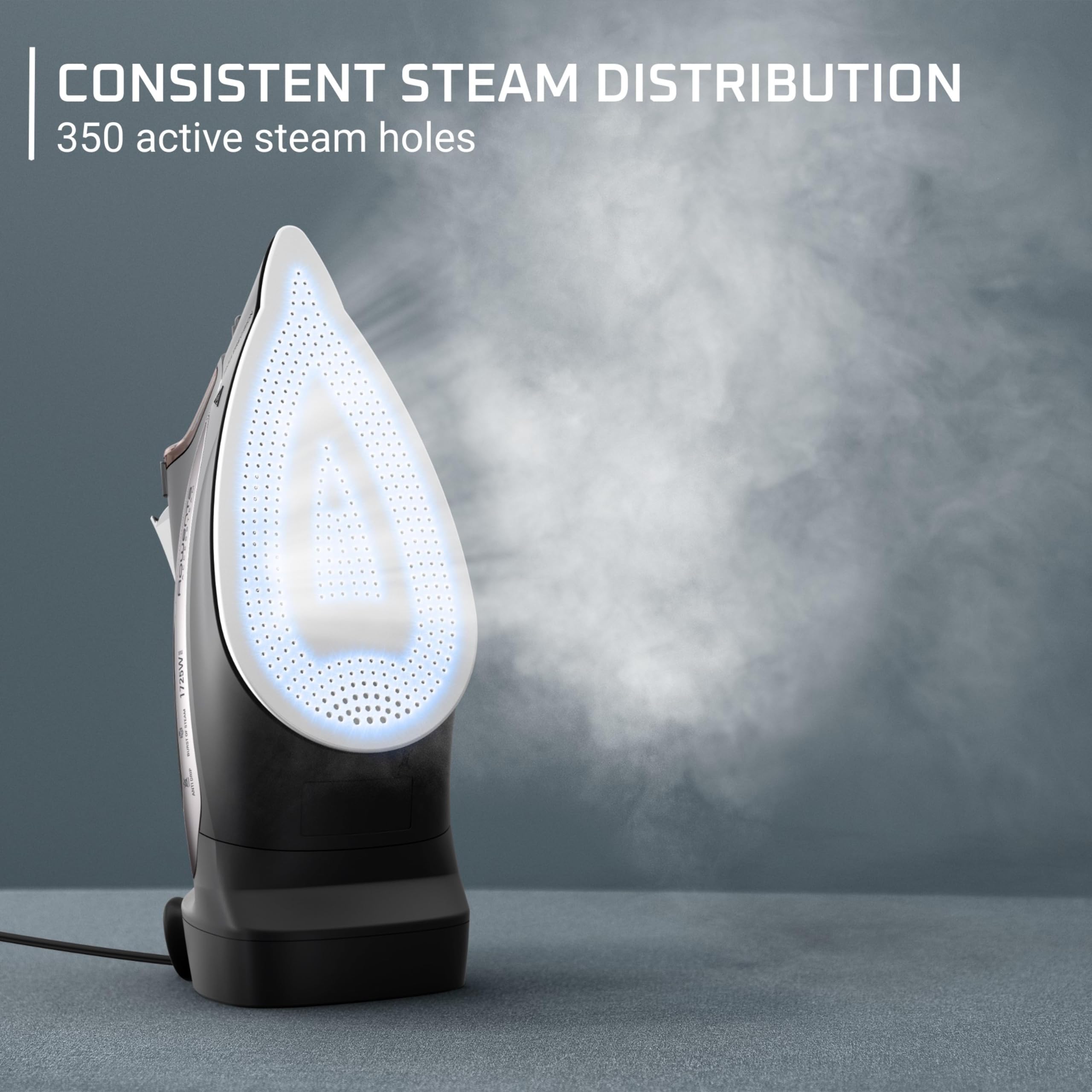 Rowenta AccessSteam Cordreel soleplate closeup shows 350+ micro-holes for even steam.