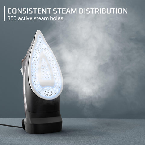 Rowenta AccessSteam Cordreel soleplate closeup shows 350+ micro-holes for even steam.