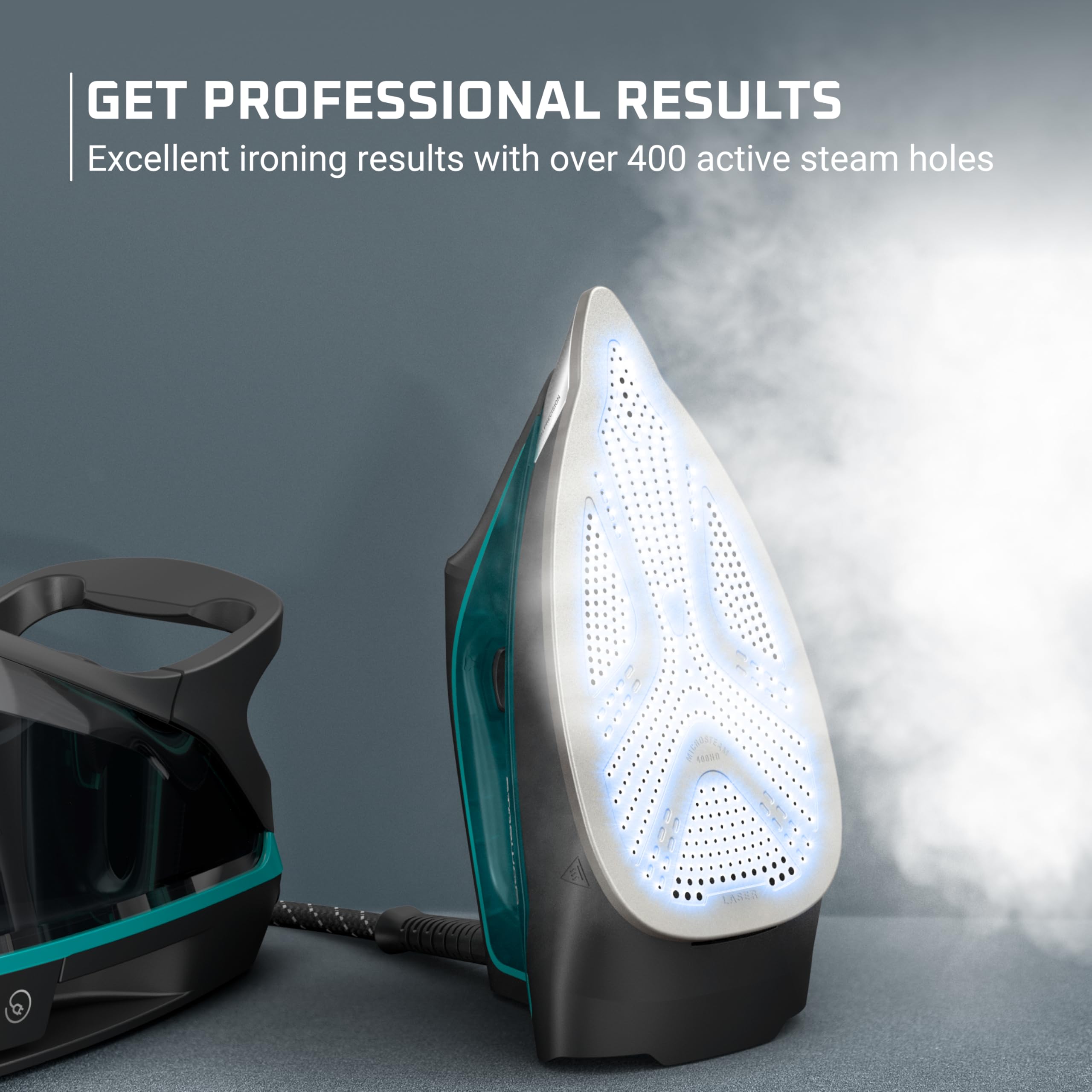Rowenta DG7626 1.1L water tank supports longer ironing sessions.
