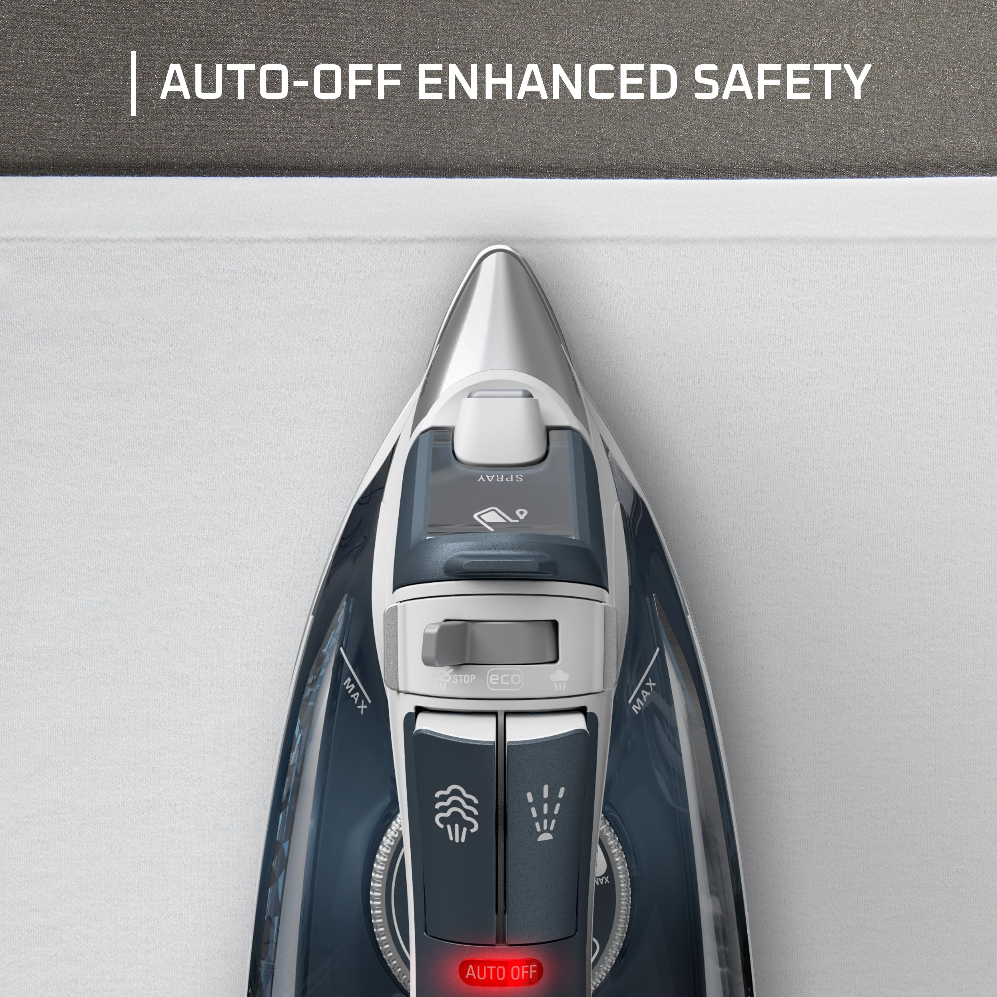 Rowenta Focus Excel ergonomic handle design supports comfortable ironing sessions.