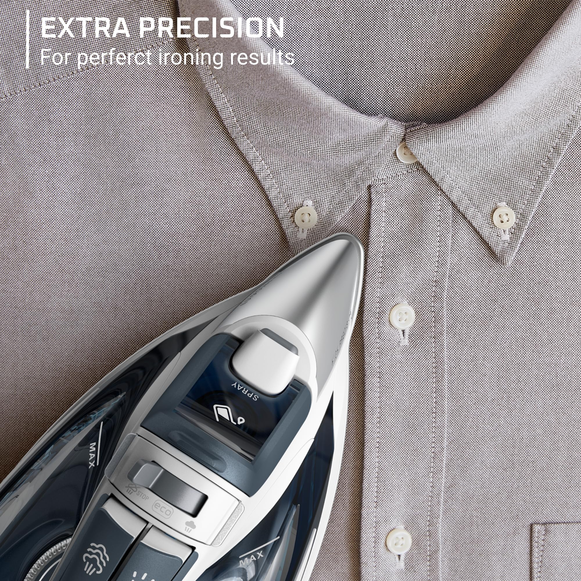Rowenta Focus Excel precision tip highlights accurate ironing along seams and buttons.